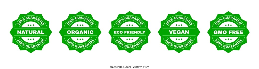 Vector green elements for product packaging - eco friendly, natural, organic, vegan, GMO free.