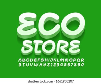 Emblema verde vectorial Eco Store con letra manuscrita. Letras y números de alfabeto creativos en 3D