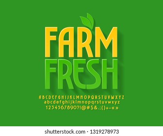 Vector Green Emblem Farm Fresh With Decorative Leaves. Flat Modern Font. Bright Alphabet Letters, Numbers And Symbols