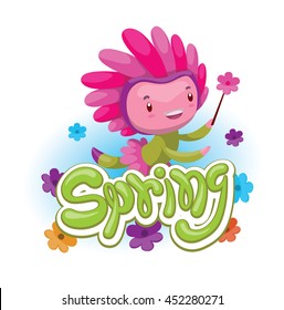 Vector green emblem with flowers and with cartoon image of a cute fairy of spring in green-pink dress and pink hat, with a magic wand in her hand on a white background. Seasons. Inscription "Spring".