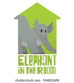 Vector green emblem in the form of a silhouette of house with cartoon image of a funny gray elephant standing arching his back and smiling on a white background. Inscription "Elephant in the room".