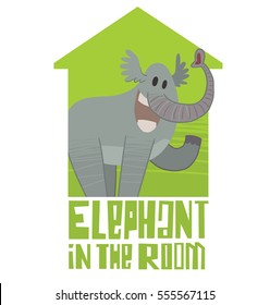 Vector green emblem in the form of a silhouette of house with cartoon image of a funny gray elephant standing, waving his leg and smiling on a white background. Inscription "Elephant in the room".