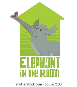 Vector green emblem in the form of a silhouette of house with cartoon image of a funny gray elephant standing and blowing in his trunk on a white background. Inscription "Elephant in the room".