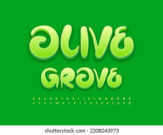 Vector green emblem Olive Grove. Modern handwritten 3D Font. Set of bright Alphabet Letters and Numbers