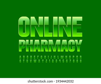 Vector green emblem Online Pharmacy. Glossy modern Font. Set of Alphabet Letters and Numbers