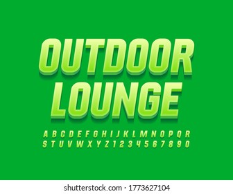 Vector Green emblem Outdoor Lounge with Elegant 3D Font. Modern style Alphabet letters and Numbers