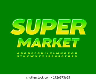 Supermercado de emblemas verdes vectoriales. Fuente creativa brillante. Color de degradado Alfabeto Letras y números establecidos