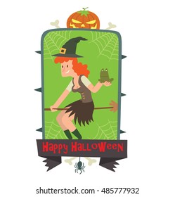 Vector green emblem with thorns, web, pumpkin, bones, spider, banner and with cartoon image of funny witch with red hair, flying on a broomstick on a white background. Inscription "Happy Halloween".