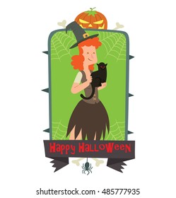 Vector green emblem with thorns, web, pumpkin, bones, spider, banner and with cartoon image of funny witch with red hair, with a black cat in hands on a white background. Inscription "Happy Halloween"