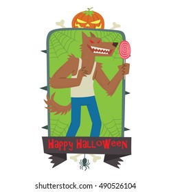 Vector green emblem with thorns, web, pumpkin, bones, spider, banner and with cartoon image of funny brown werewolf with a pink lollipop in hand on a white background. Inscription "Happy Halloween".