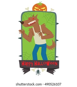 Vector green emblem with thorns, web, pumpkin, bones, spider, banner and with cartoon image of funny brown werewolf standing with scary red eyes on a white background. Inscription "Happy Halloween".