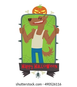 Vector green emblem with thorns, web, pumpkin, bones, spider, banner and with cartoon image of funny brown werewolf showing thumbs up on a white background. Inscription "Happy Halloween".