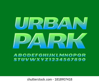 Vector green emblem Urban Park. Creative glossy Font. Colorful Alphabet Letters and Numbers set