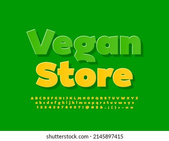 Vector green emblem Vegan Store with Yellow Alphabet Letters, Numbers and Symbols set. Modern sticker Font