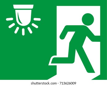 Vector green emergency exit sign with flashing warning light, Illustration.
The Symbol shows a person running through a door, away from the alarm light. 
White silhouettes on green background.
