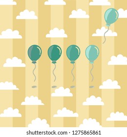 Vector of green empty balloons for text are flying in the white clouds sky in yellow mixed cream colors isolated background illustration handwriting.