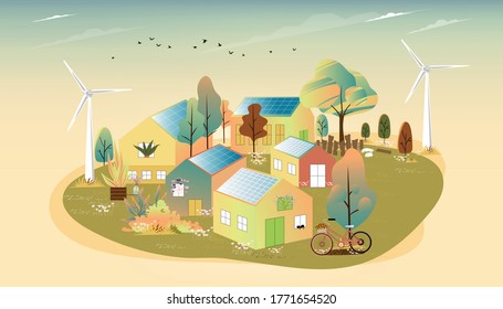 Vector of Green energy and eco friendly in small town with Solar house and windmill power, Urban landscape in village with happy pet relaxing and flowers blooming in the garden,Eco friendly background