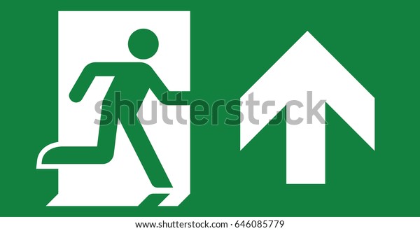 Vector green exit sign. Running man icon. Arrow\
pointing up / straight.