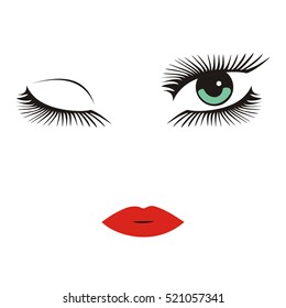 vector green eyes with long lashes winking. red lips