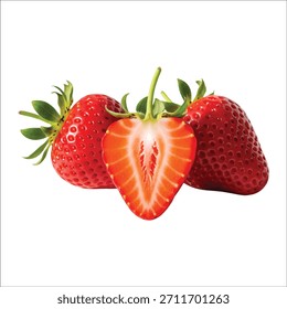 Vector verde con fresas frescas maduras uno cortado abierto mostrando semillas y Palabras claves de pulpa: fresa, fruta, rojo, fresco, maduro, saludable, comida,...