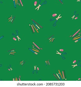Vector Green Felt Pens and colored pencils background pattern