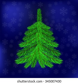 Vector Green Fir on Blue Snowflakes Background. Christmas Blue Night Sky. Symbol of Christmas