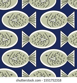 Vector Green Fish on Navy Blue Background Seamless Repeat Pattern. Background for textiles, cards, manufacturing, wallpapers, print, gift wrap and scrapbooking.