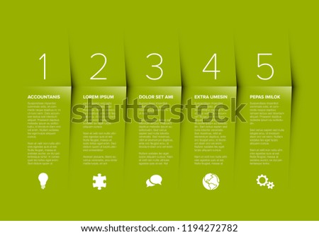 Vector green five steps progress template with descriptions and icons