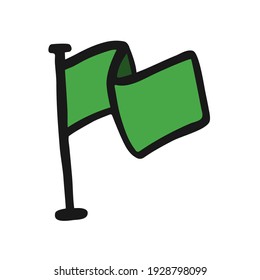 Vector green flag icon in hand drawn style. Colorful isolated symbol. Illustration on white background. Cartoon pictogram for game. Doodle pennant