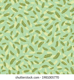 Vector Green Floating Feathers Seamless Pattern Background