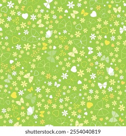 Vector green floral butterfly and love heart seamless pattern background. Use for fabric, wallpaper, design and scrapbooking projects.