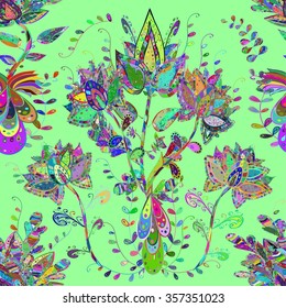 Vector green floral pattern in doodle style with flowers and leaves. Gentle, spring floral background.