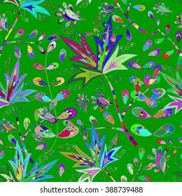 Vector green floral pattern in doodle style with flowers and leaves. Gentle, spring floral background.