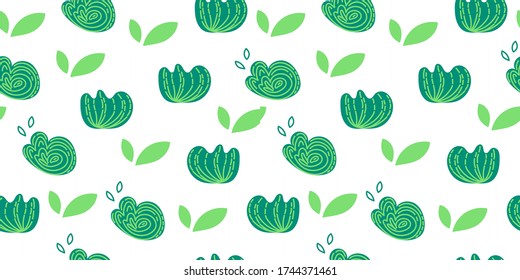 Vector green floral seamless pattern with bushes in flat doodle style on white background. For textile prints or wrapping paper, backgrounds for summer, spring or jungle concepts.
