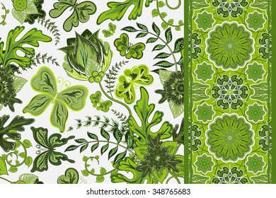 Vector green floral set pattern with hand draw fantasy flowers with butterfly and seamless border (strip band ribbon) for your design. 