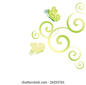vector green flourishes isolated on white  with flying butterflies corner ornament illustration