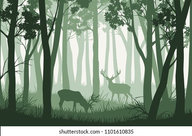 Vector green forest landscape with trees and two deers