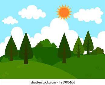 El Vector de un bosque verde en las colinas tiene un sol y una nube blanca. El ambiente es refrescante y limpio.