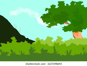 vector green forest There are green trees lap against the blue sky with white clouds. There are green mountains and big trees.