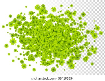 Vector green four-leaf clovers cloud splash isolated on white and transparent grid background