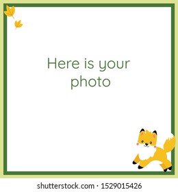 Vector green frame with little baby fox. A fox below the photo frame.