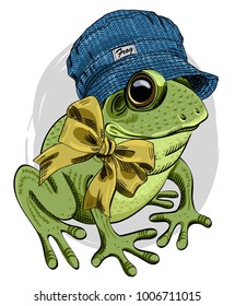 Vector green frog with hat and bow. Hand drawn illustration of dressed frog. 