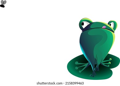 Vector Green Frog Sits On A Leaf Looks At A Fly, Sticks Out Its Tongue