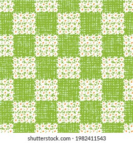 Vector green fun daisy flowers chequerboard squares repeat pattern with canvas background. Suitable for textile, gift wrap and wallpaper.