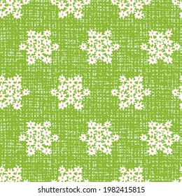 Vector green fun daisy flowers hexagon star repeat pattern with canvas background. Suitable for textile, gift wrap and wallpaper.