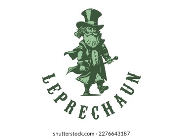 Vector green funny little walking leprechaun in a suit, top hat and with a cane. Logo, sticker or icon. White isolated background