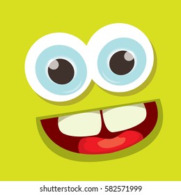 vector green funny monster face. cartoon monster smiling face with big eyes and mouth for kids background, banners and greeting cards