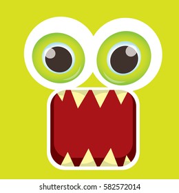 vector green funny monster face. cartoon monster smiling face with big eyes and mouth for kids background, banners and greeting cards