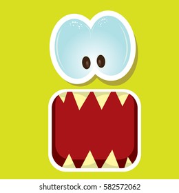 vector green funny monster face. cartoon monster smiling face with big eyes and mouth for kids background, banners and greeting cards