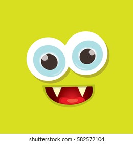 vector green funny monster face. cartoon monster smiling face with big eyes and mouth for kids background, banners and greeting cards